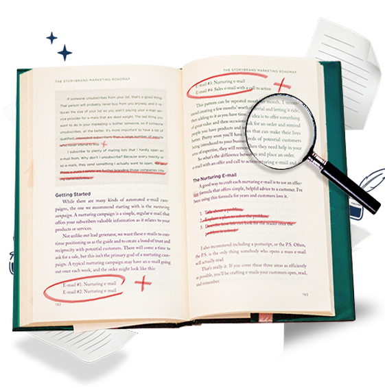 A book and manuscript pages ready for writing