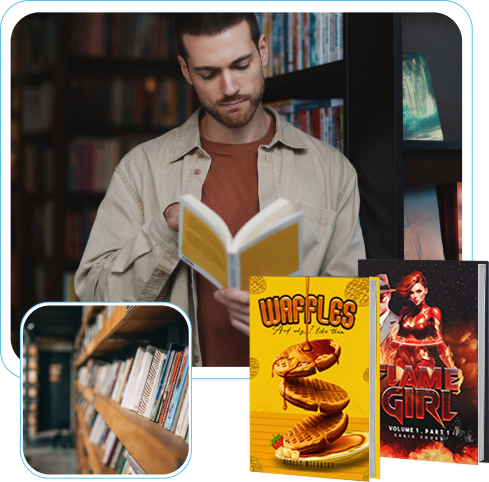 An author reviewing books and manuscript pages