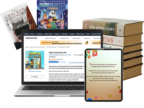 Amazon KDP listing shown on a laptop beside books and a tablet