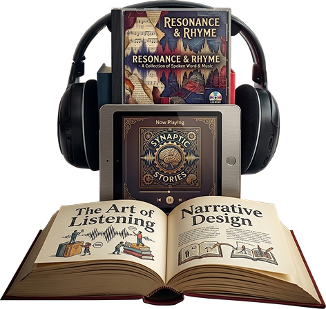 Audiobook cover, headphones, and an open book