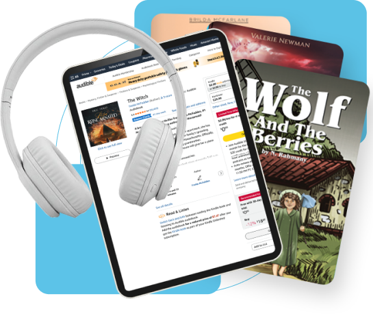 Audiobook storefront displayed on a tablet beside book covers and headphones