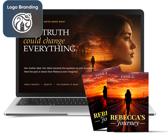 Author website and book branding displayed on a laptop