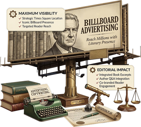 Billboard advertising campaign with author and book promotion details