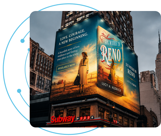 A book advertised on a large city billboard