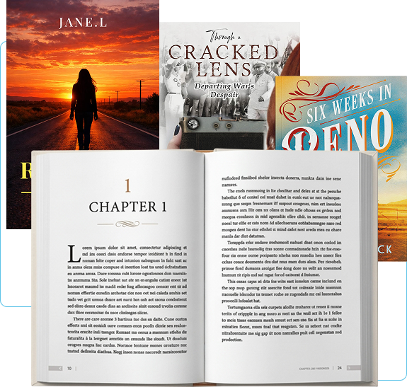 Published books shown with a professionally formatted interior spread