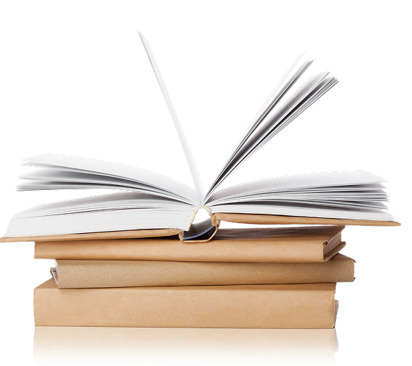 An open book resting on a stack of books