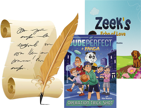 Children's books with a handwritten story and quill