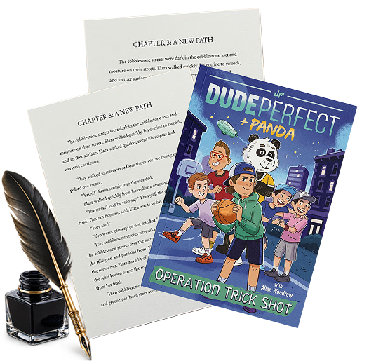 A children's story manuscript beside an illustrated book