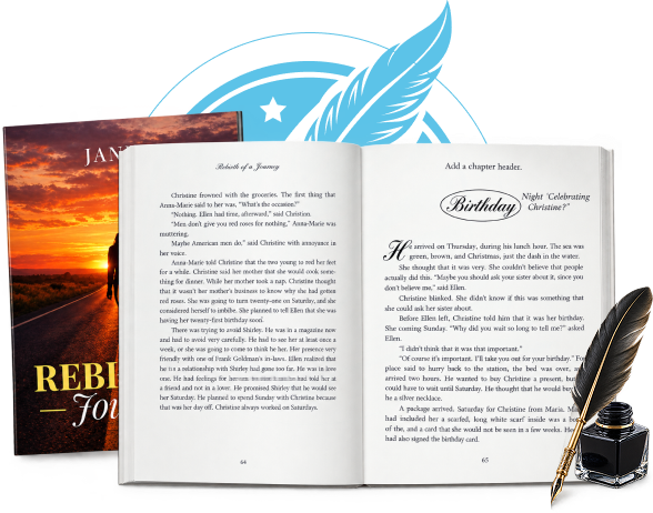 An open manuscript with a feather quill and a finished book