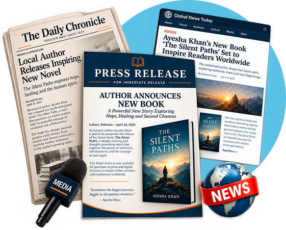 A press release, newspaper, and digital news coverage for a book