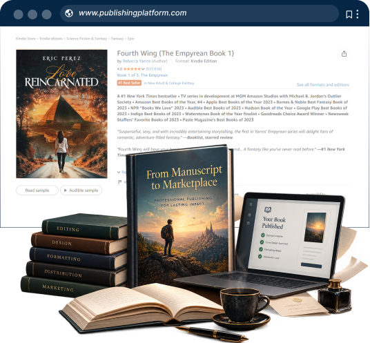 Publishing marketplace preview with books and a publishing workspace