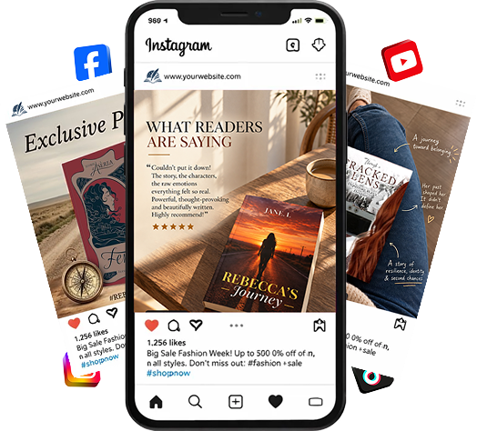 Book promotion shown across social media posts and a smartphone