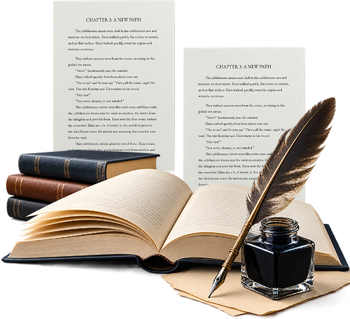 Open book, manuscript pages, and a writer’s quill